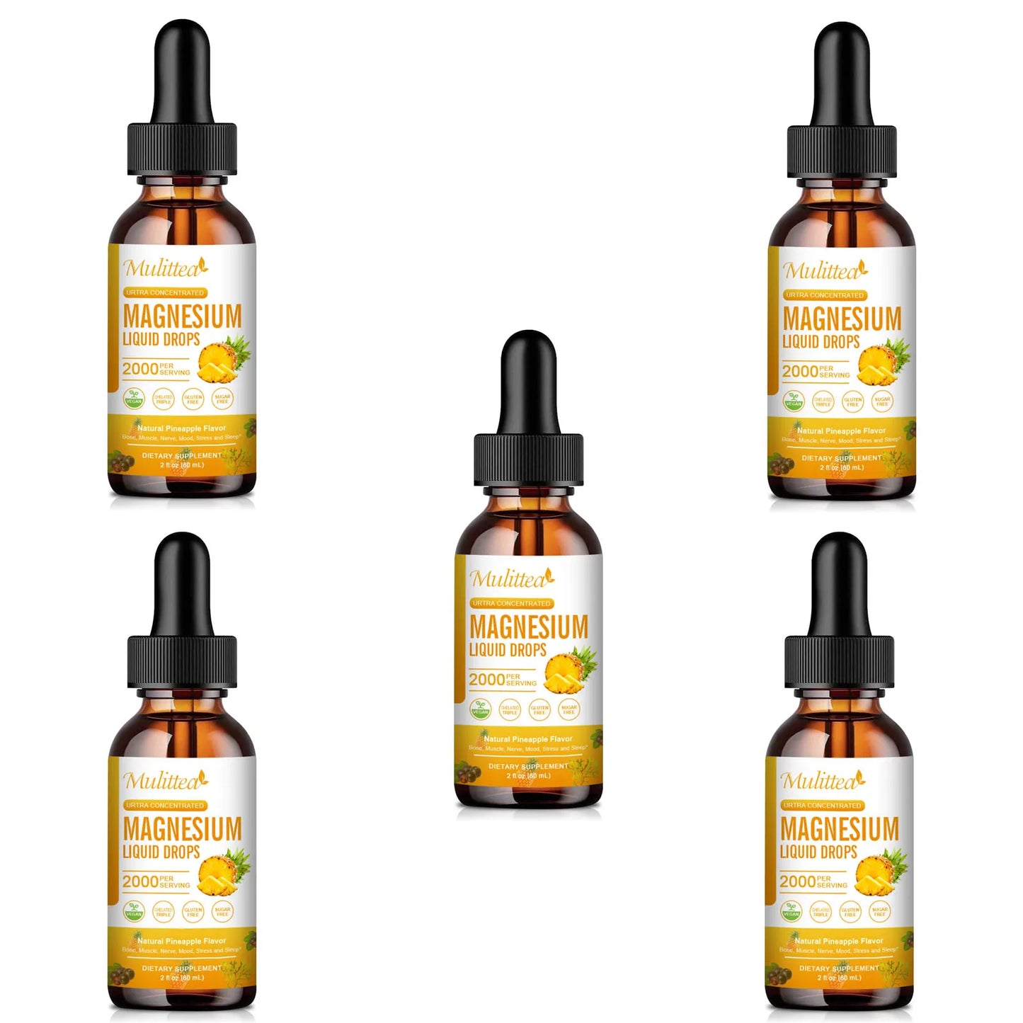 Mulittea Magnesium Glycinate Drops In Pineapple Flavor For Calming Mood, Muscles Sleep, Promoting Nerves and Relaxation