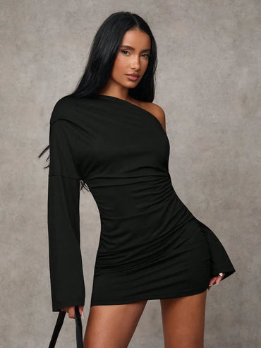 Women's Sexy Asymmetric Off Shoulder Ruched Mini Dress