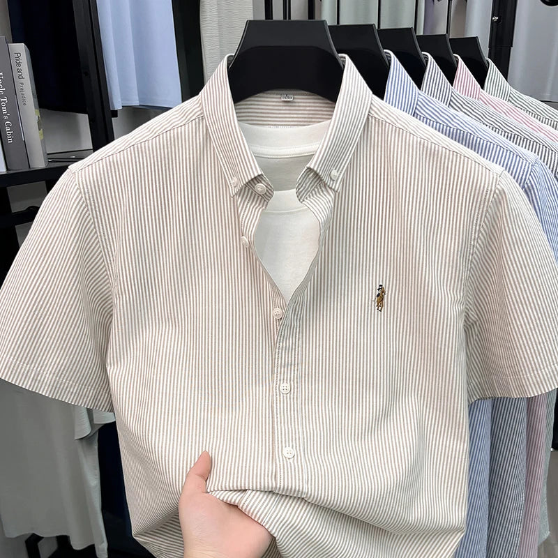 100% Pure Cotton Short Sleeved Shirt 2026 Summer New Men's Button Up Lapel Fine Stripe Middle-aged and Young Half Sleeved Shirt