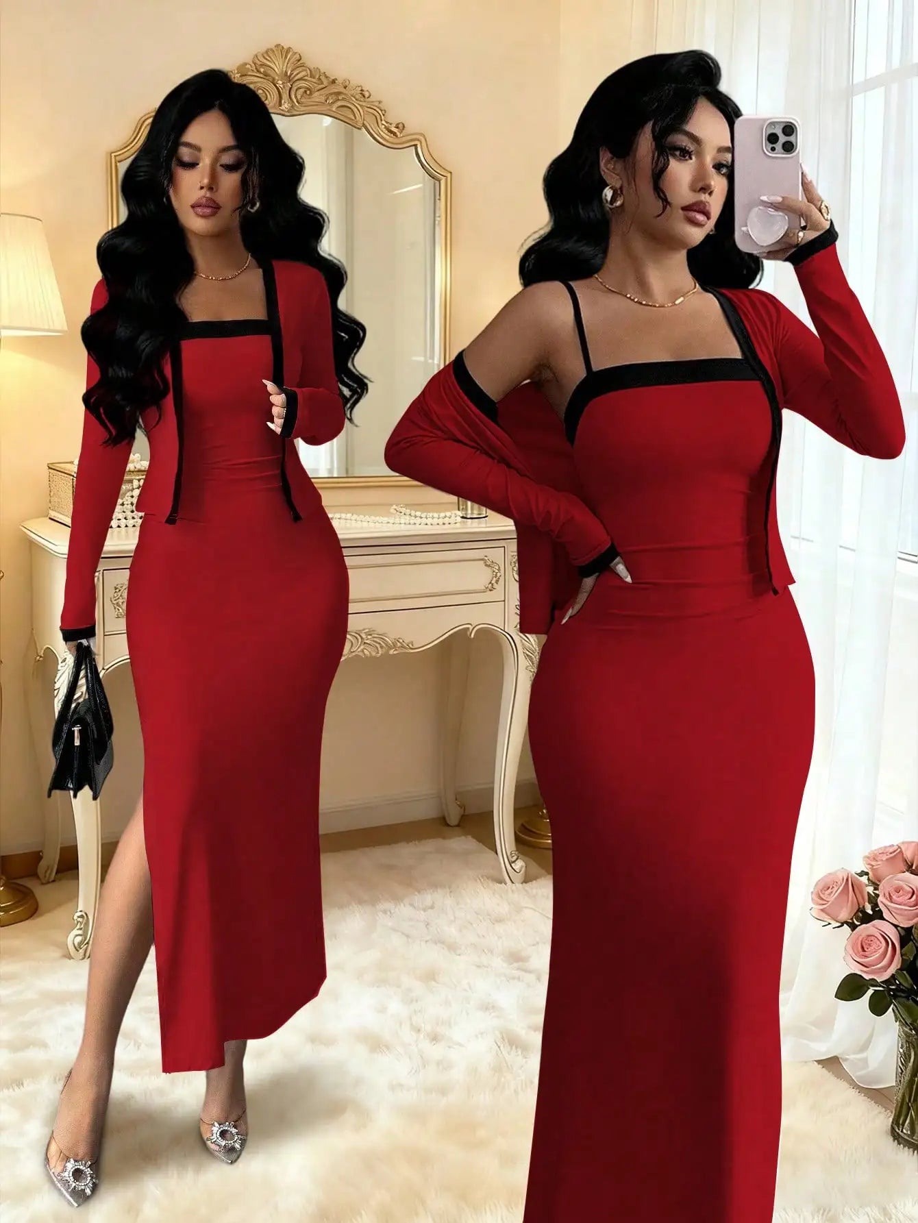 Elegant Pink 2 Piece Set Long Sleeve Cardigan And Slip Dress For Party Formal Evening