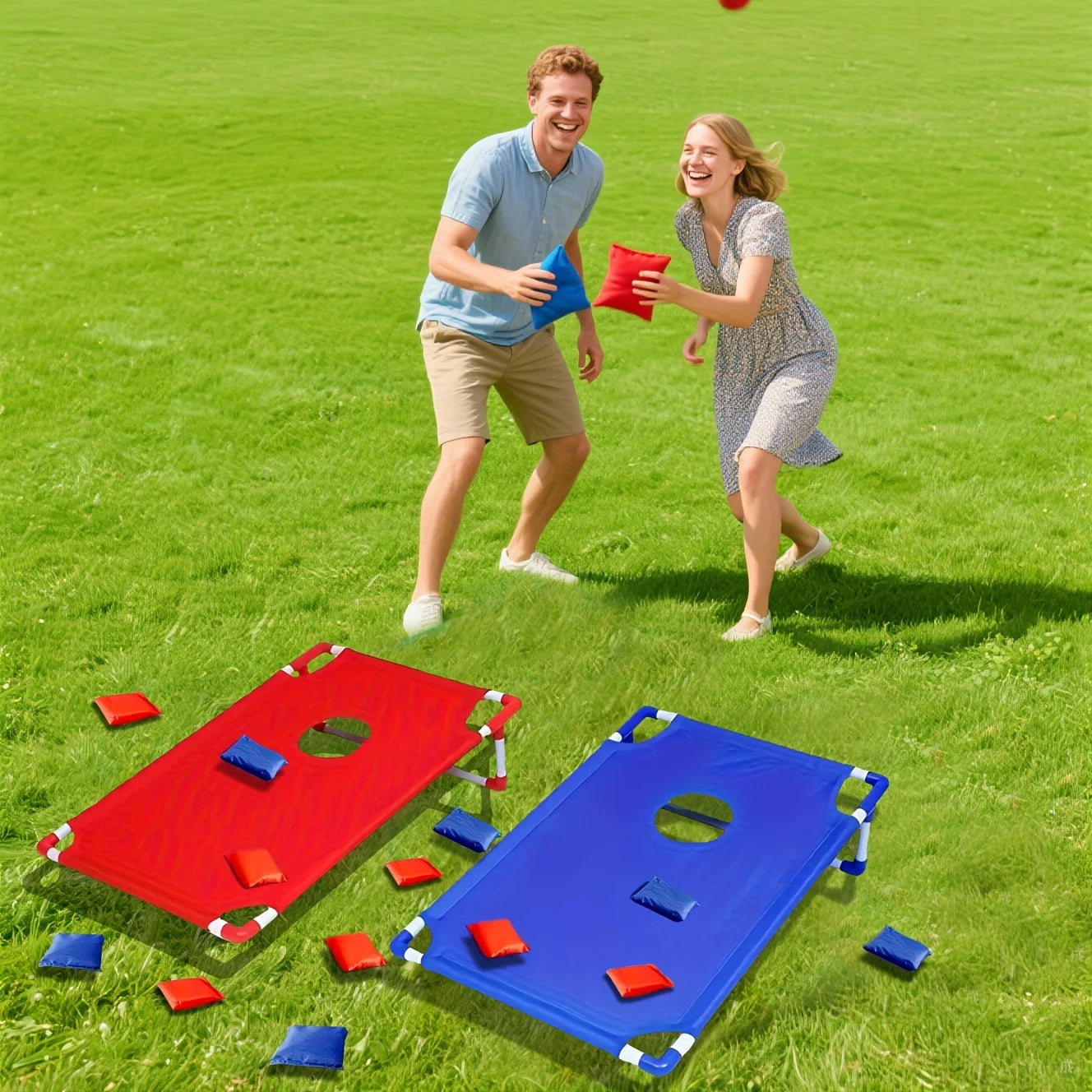 A Set of Red/Blue Portable Cornhole Game Set, Foldable and Durable, Summer Beach Bean Bag Toss Game, Suitable for Outdoor Party