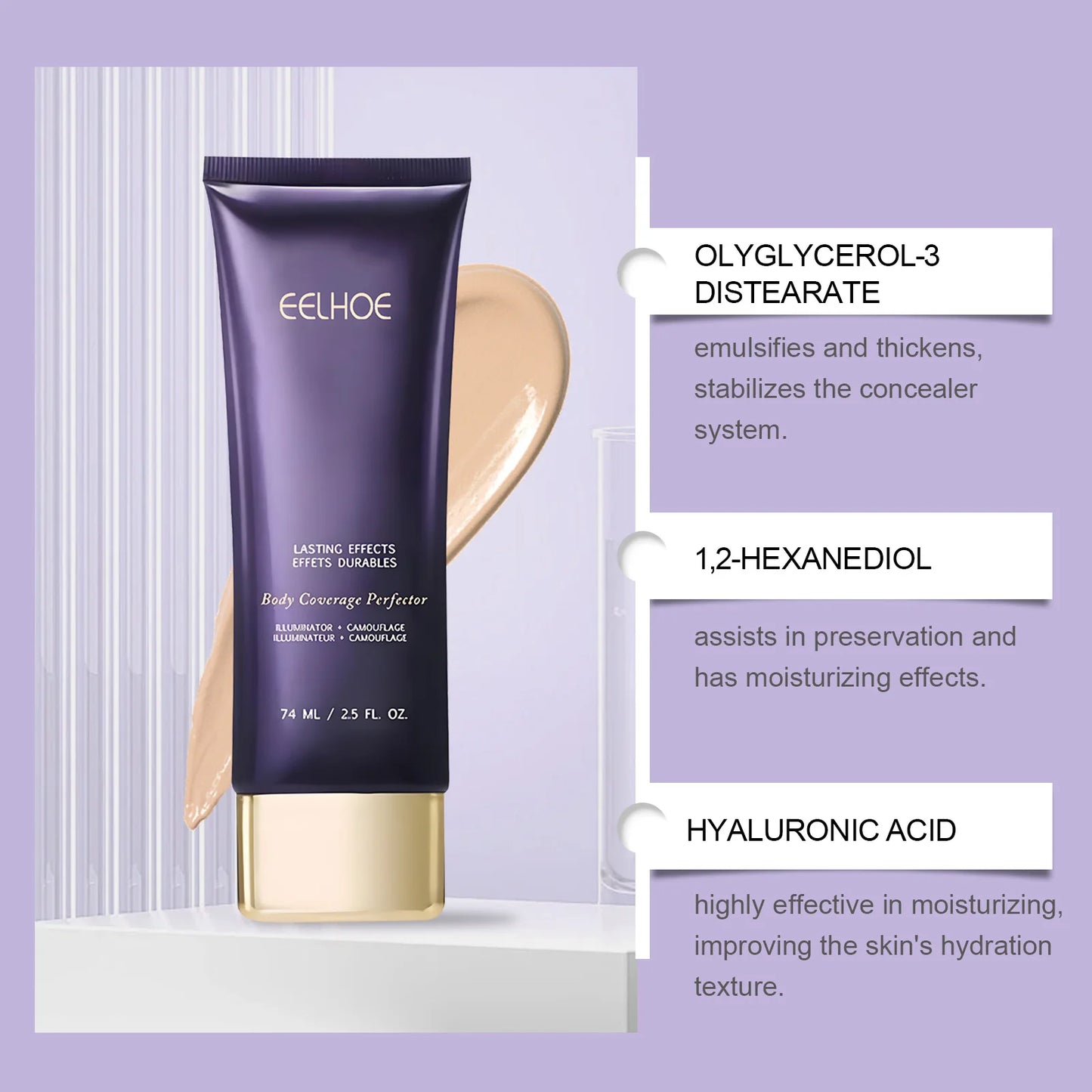 EELHOE 74mL Body Coverage Perfector, Even Skin Tone, Covering Tattoos, Universal For Face And Body, No Burden Makeup Effect