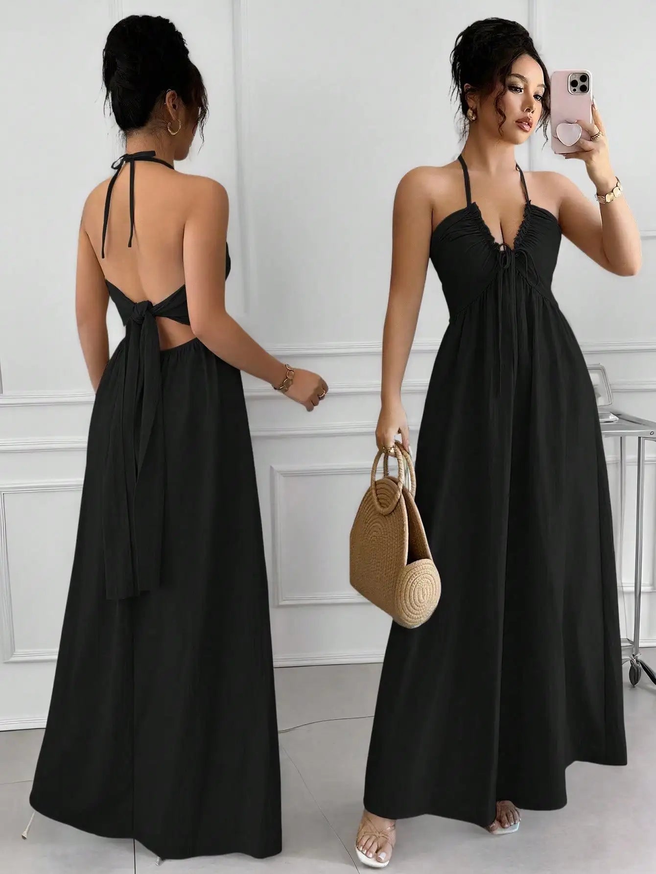 Halter Lace Up Backless A-Line Maxi Dress