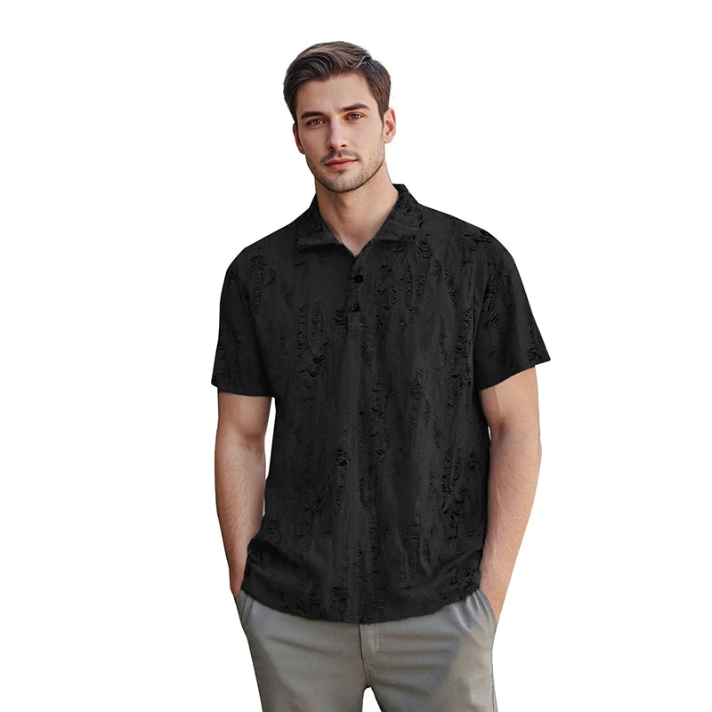 Men s Casual Short Sleeve T-Shirts with Vintage Distressed Texture and Stylish Button Lapel V Neck Design for Summer Wear