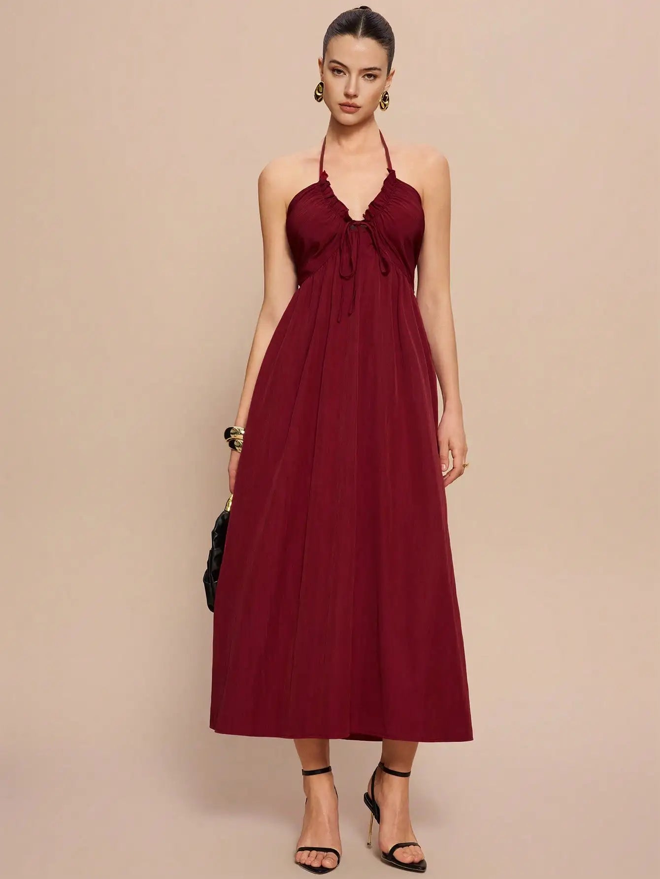 Halter Lace Up Backless A-Line Maxi Dress