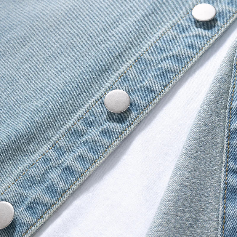 Vintage American-style men's versatile thin non-stretch denim loose-fitting shirt