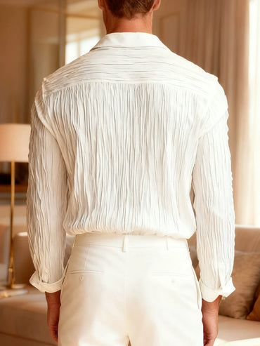 LVLAEA Pleated Textured Shirt Men Autumn Solid Color Long Sleeve Lapel Old Money Style Criss-cross Design Breathable Tated Shirt