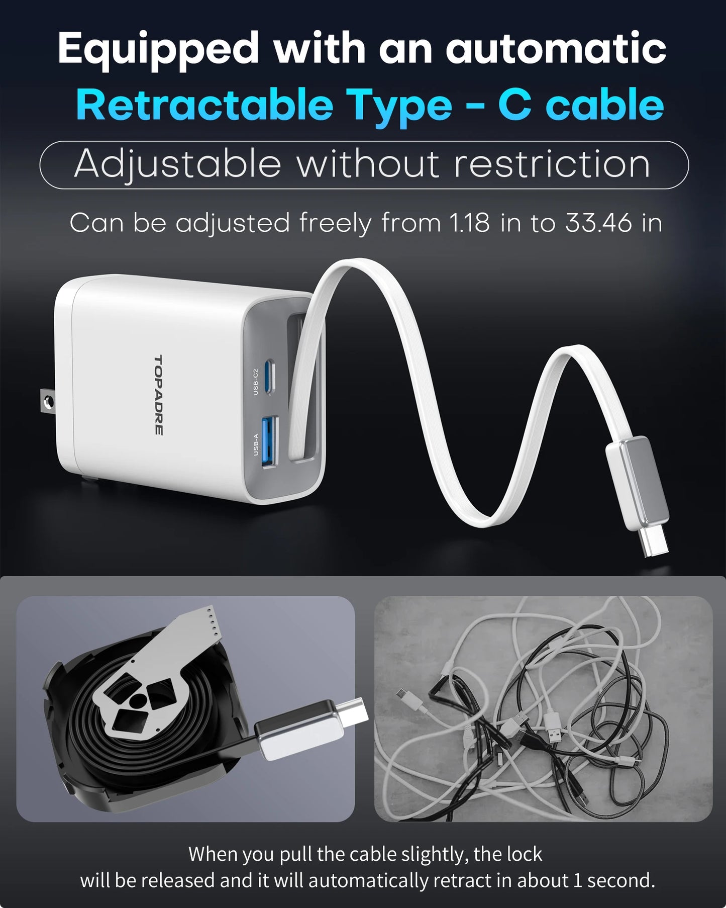 65W GaN PD3.1 Fast Charger With Retractable Cable , 3-Port Type-C + USB-A Travel Adapter For IPhone ,  Laptops, Galaxy Series
