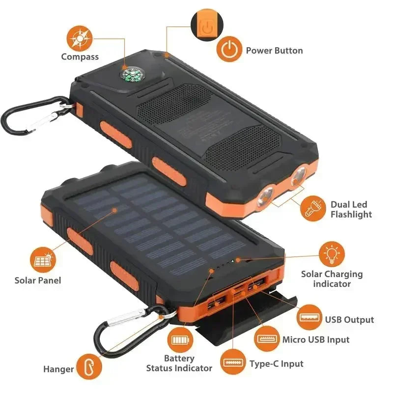 New Ready Stock Immediate Shipment 10000mAh Solar Power Bank Fast Charging Dual USB Outdoor Waterproof with Flashlight Compass