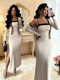 Elegant Pink 2 Piece Set Long Sleeve Cardigan And Slip Dress For Party Formal Evening
