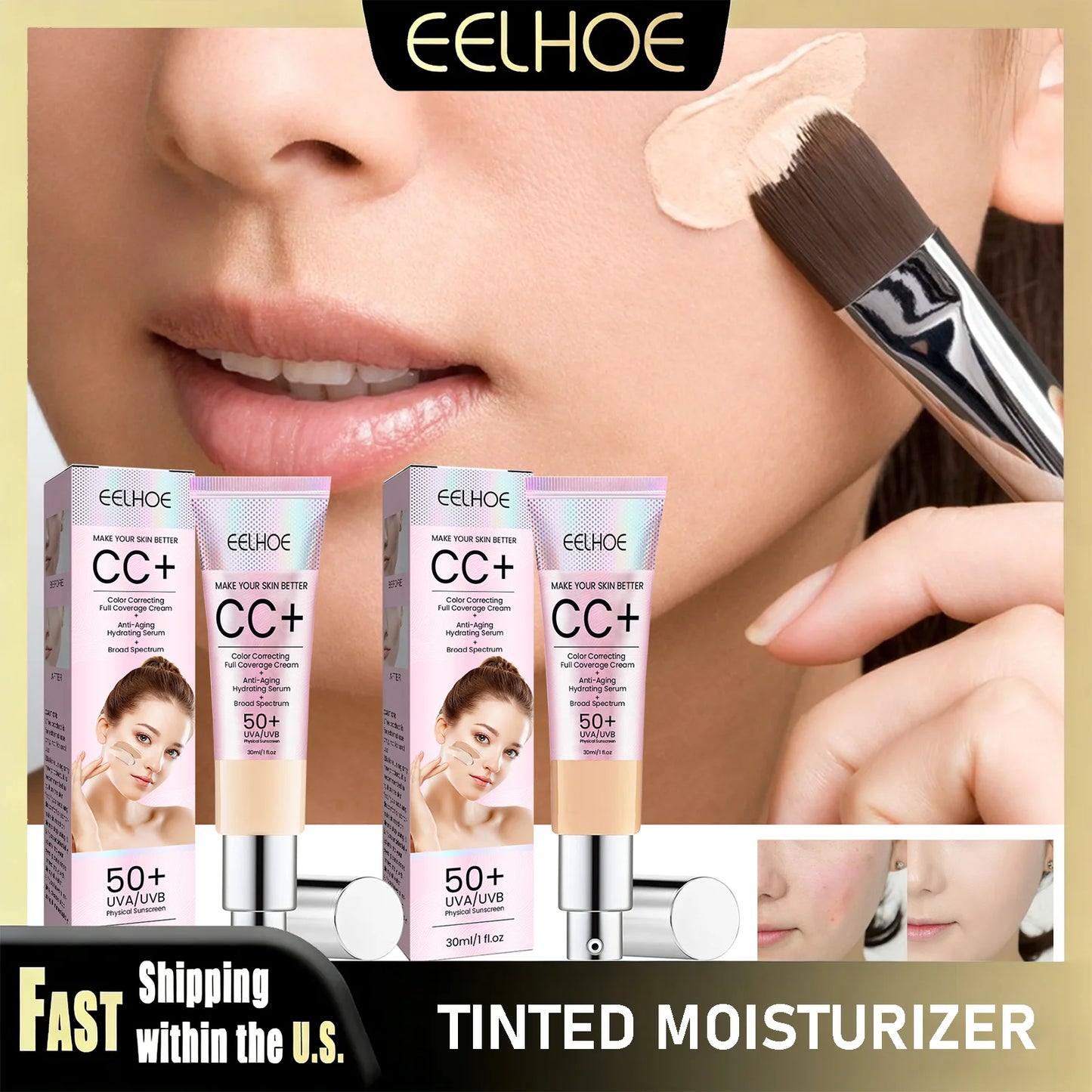 EELHOE CC Cream Waterproof Brightening Moisturizing Foundation Concealer Oil-Control Sunscreen SPF 50 Long Lasting Makeup Base