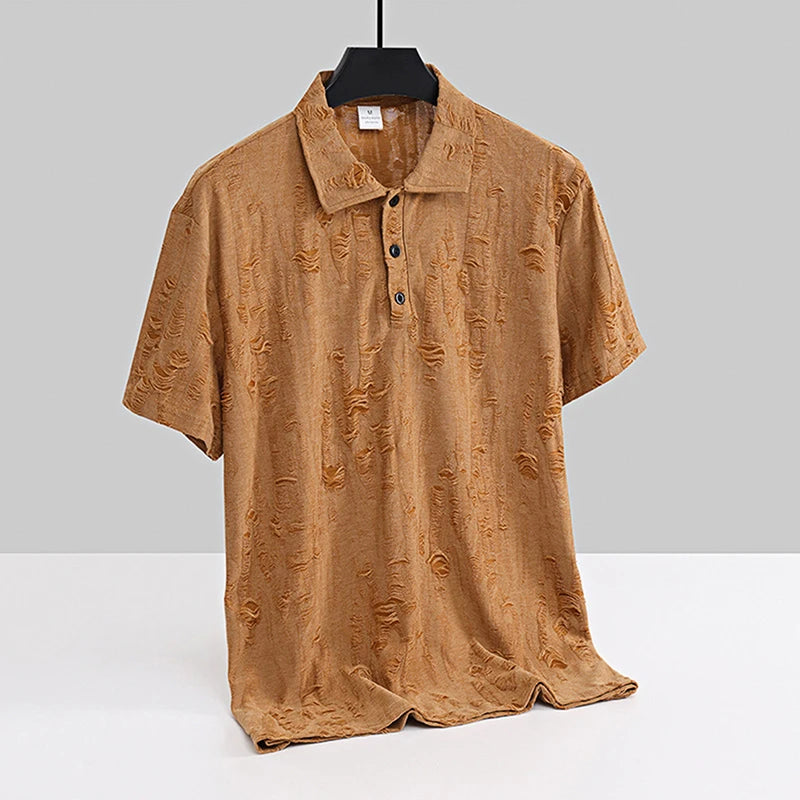 Men s Casual Short Sleeve T-Shirts with Vintage Distressed Texture and Stylish Button Lapel V Neck Design for Summer Wear