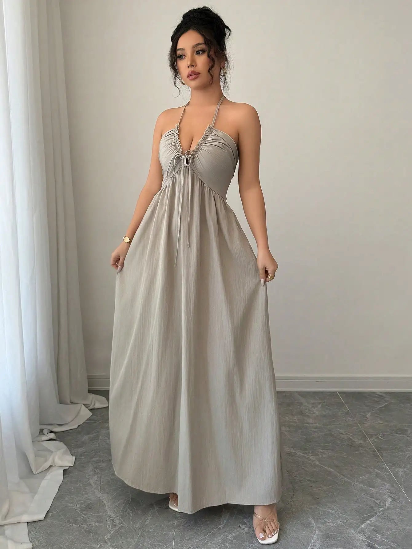 Halter Lace Up Backless A-Line Maxi Dress