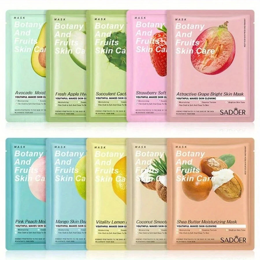 10pcs Botany & Fruit Sheet Mask Set | Hydrating and Refreshing Facial Skincare Variety Pack