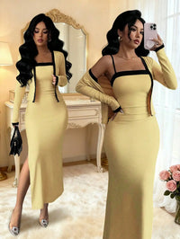 Elegant Pink 2 Piece Set Long Sleeve Cardigan And Slip Dress For Party Formal Evening