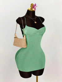 Lime Green Ruched Bust Cross Back Tie Strap Mini Dress