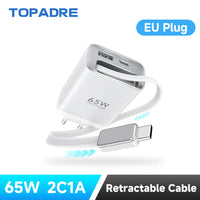 65W GaN PD3.1 Fast Charger With Retractable Cable , 3-Port Type-C + USB-A Travel Adapter For IPhone ,  Laptops, Galaxy Series