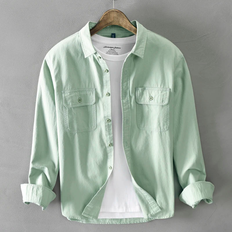 HIQOR New in Mens Vintage Shirt Male Lone Sleeve Cargo Shirts 100% Cotton Casual Solid Shirt Male Pocket Work Shirt Man Clothing