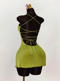 Lime Green Ruched Bust Cross Back Tie Strap Mini Dress