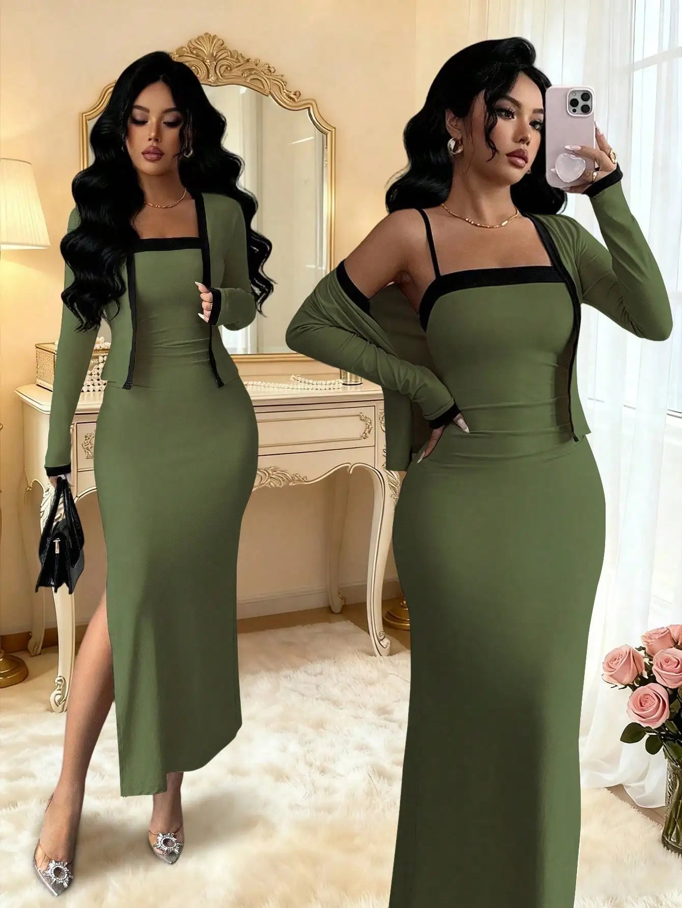 Elegant Pink 2 Piece Set Long Sleeve Cardigan And Slip Dress For Party Formal Evening