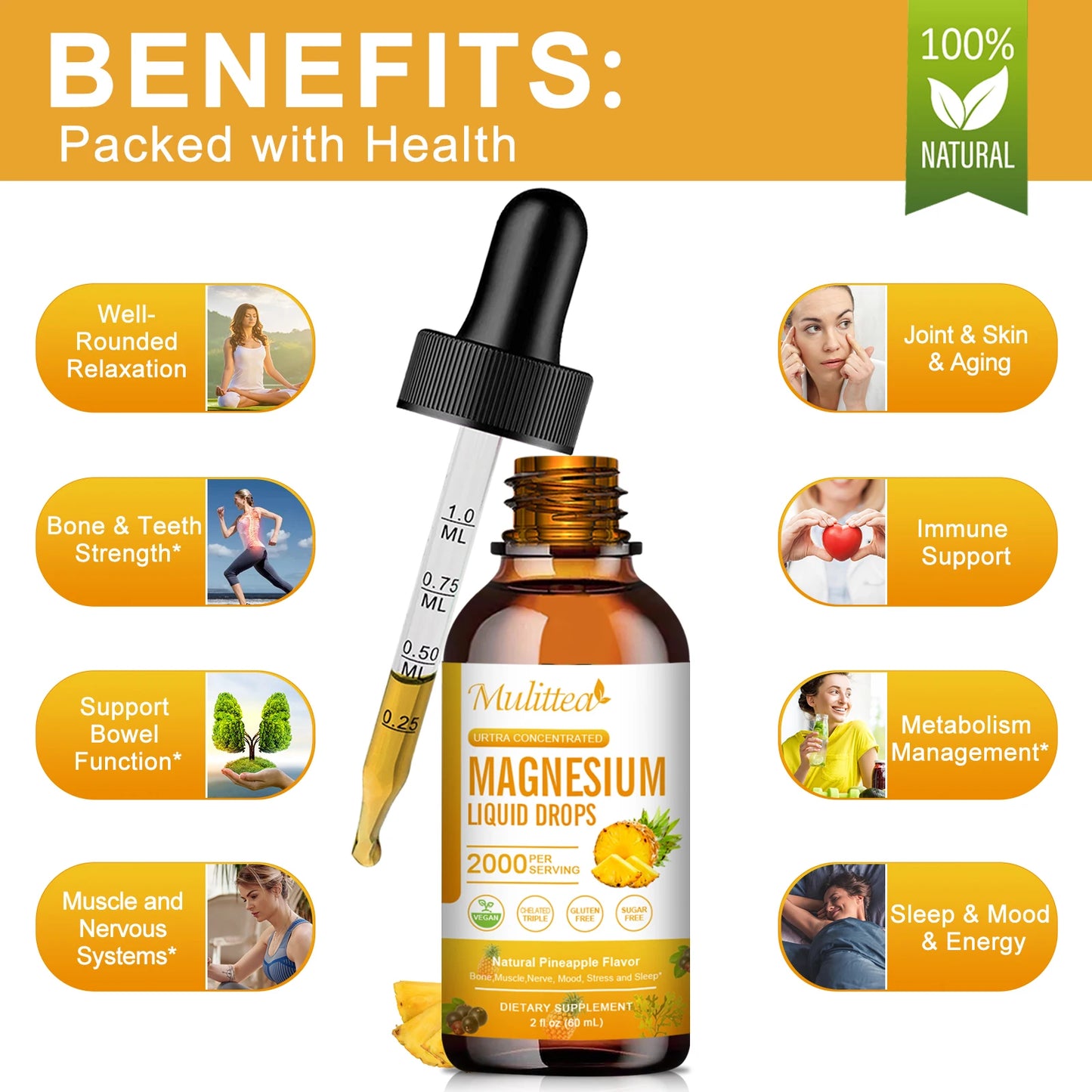 Mulittea Magnesium Glycinate Drops In Pineapple Flavor For Calming Mood, Muscles  Sleep, Promoting Nerves and Relaxation
