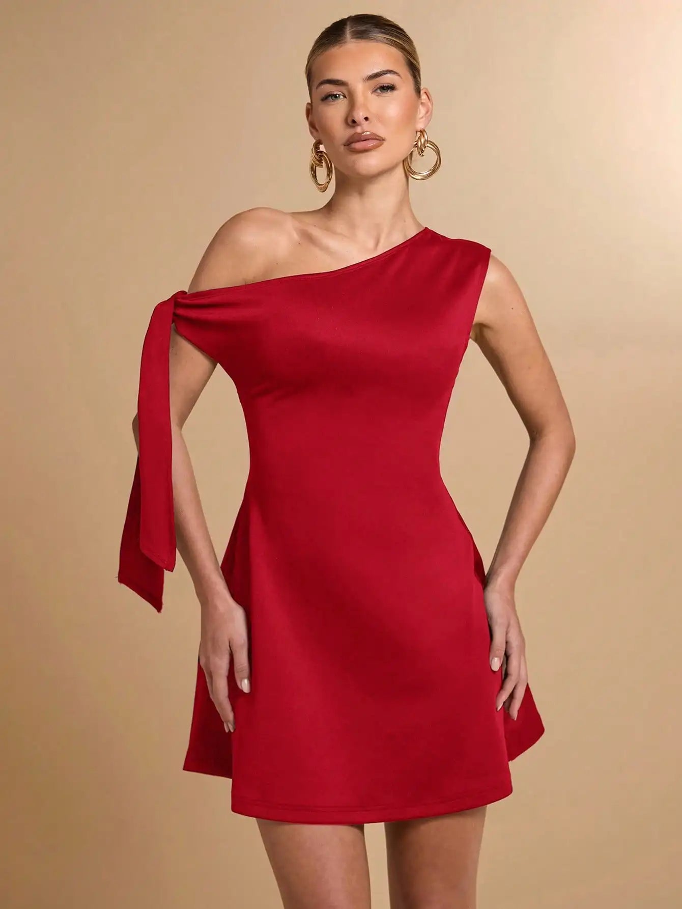 Women Asymmetric One-Shoulder A-Line Mini Dress Elegant Casual