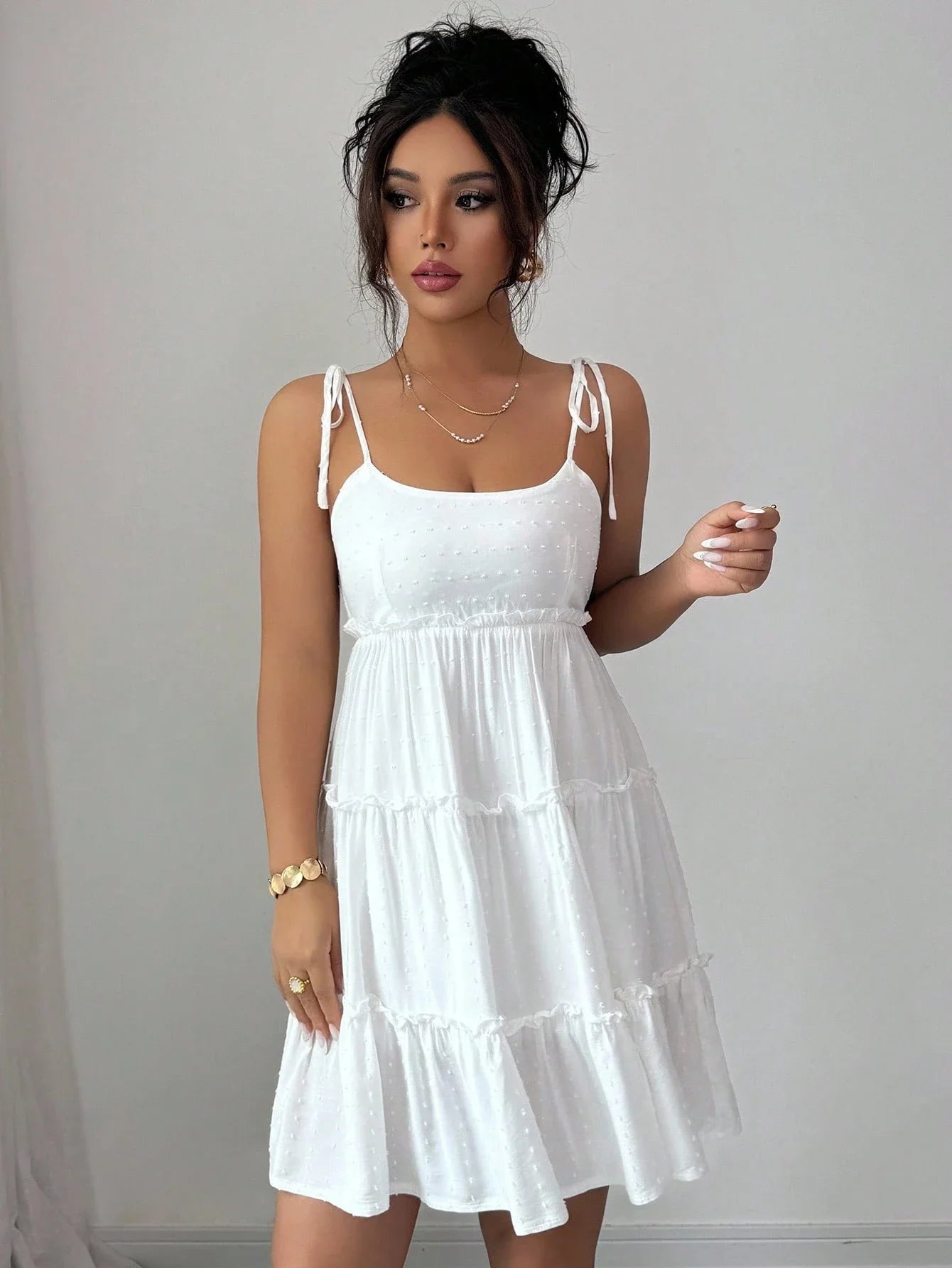 White Swiss Dot Tiered Ruffle Cami Dress Beach Vacation Outfit