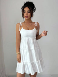 White Swiss Dot Tiered Ruffle Cami Dress Beach Vacation Outfit