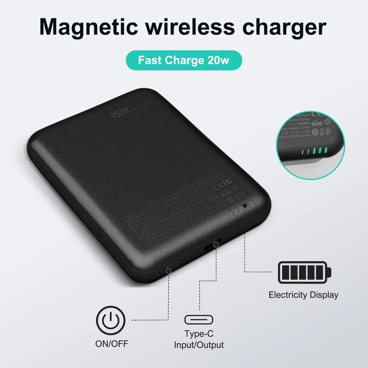 5000mAh Magnetic Power Bank Wireless Portable Charger 20W Fast Charging Output USB-C MagSafe  for iPhone16 15 14 Powerbank