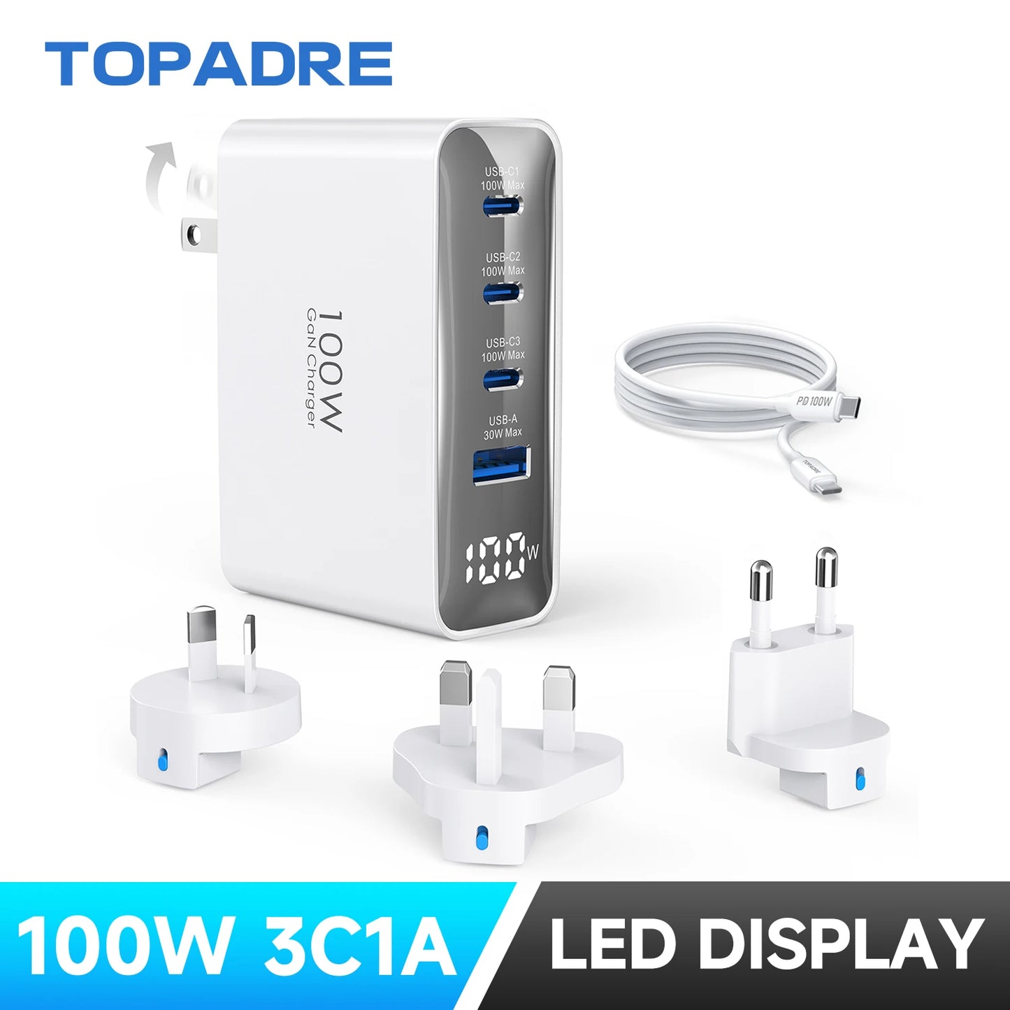 100W USB C Travel Charger, 4-Ports Foldable Travel Adapter Plug Converter With UK/EU/AU Plugs, Fast Charging For IPad iPhone
