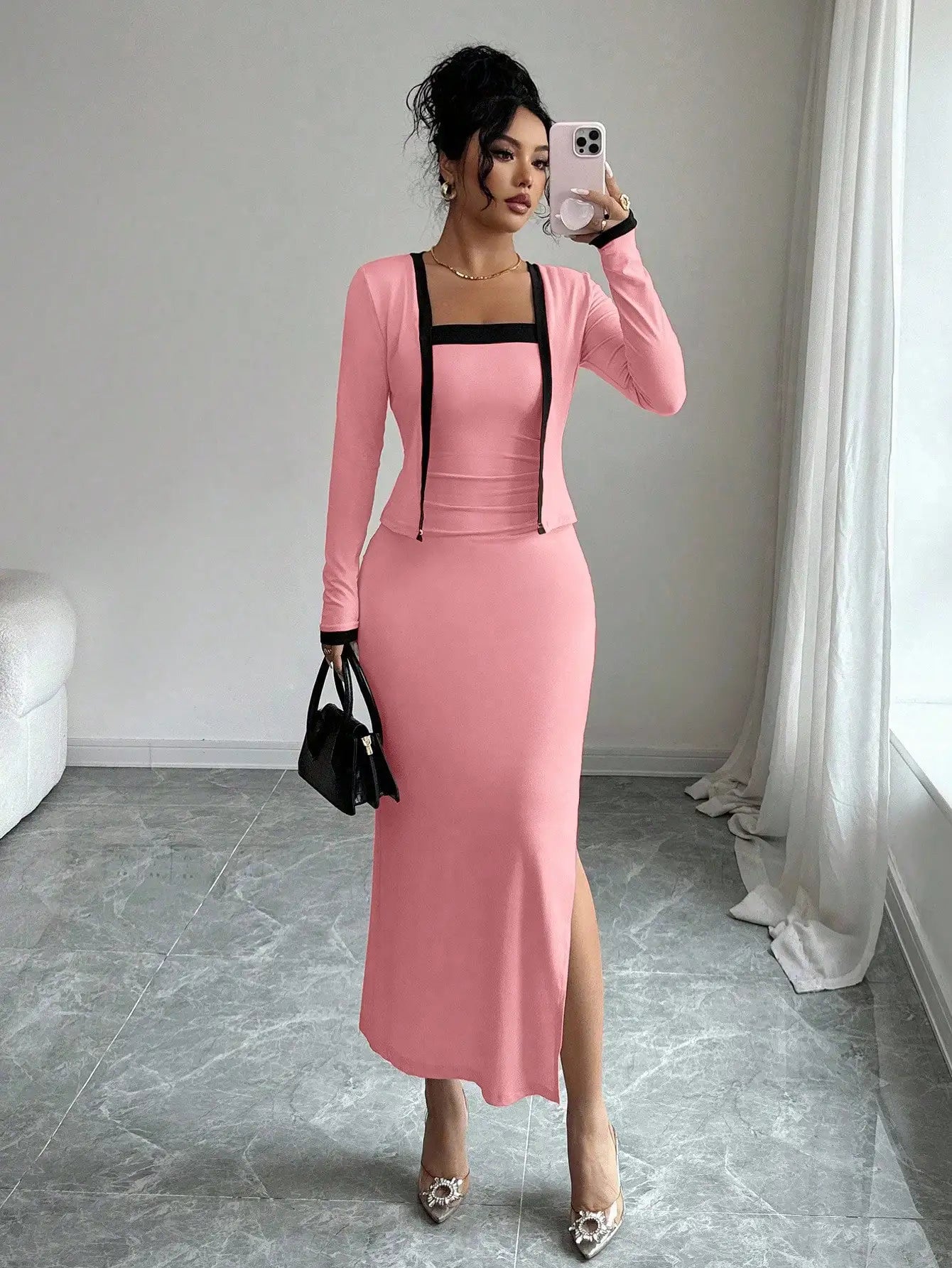 Elegant Pink 2 Piece Set Long Sleeve Cardigan And Slip Dress For Party Formal Evening