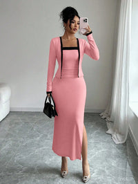 Elegant Pink 2 Piece Set Long Sleeve Cardigan And Slip Dress For Party Formal Evening