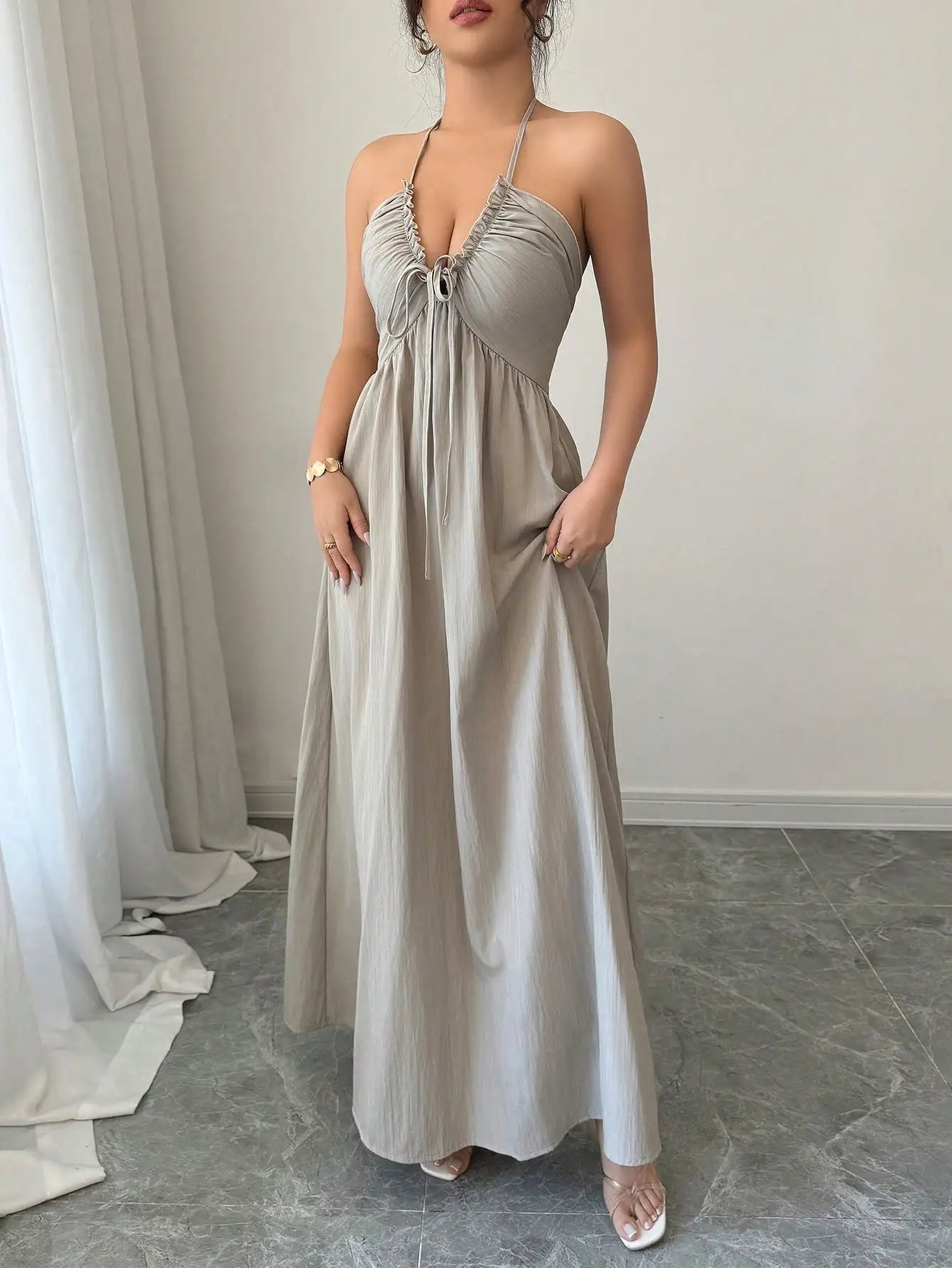Halter Lace Up Backless A-Line Maxi Dress