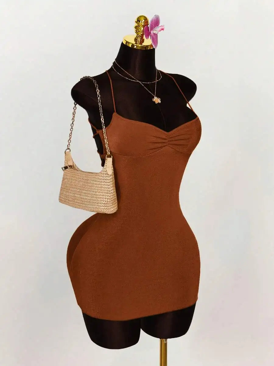 Lime Green Ruched Bust Cross Back Tie Strap Mini Dress