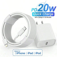 20W PD USB-C Power Adapter Fast Charger For iPhone 14 13 12 11 Pro Max USB Type C Wall Quick Charging X XS XR 7 8 6 Plus Cable