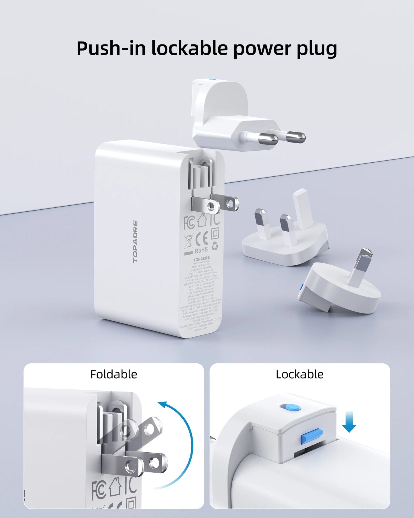 100W USB C Travel Charger, 4-Ports Foldable Travel Adapter Plug Converter With UK/EU/AU Plugs, Fast Charging For IPad iPhone