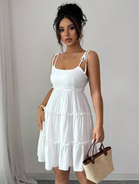 White Swiss Dot Tiered Ruffle Cami Dress Beach Vacation Outfit