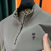 Pure Cotton Plus Size Men Zipper Stand Collar Polo Shirts Long Sleeve Autumn Winter Men T-shirts Embroidered Tops