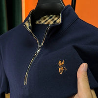 Pure Cotton Plus Size Men Zipper Stand Collar Polo Shirts Long Sleeve Autumn Winter Men T-shirts Embroidered Tops