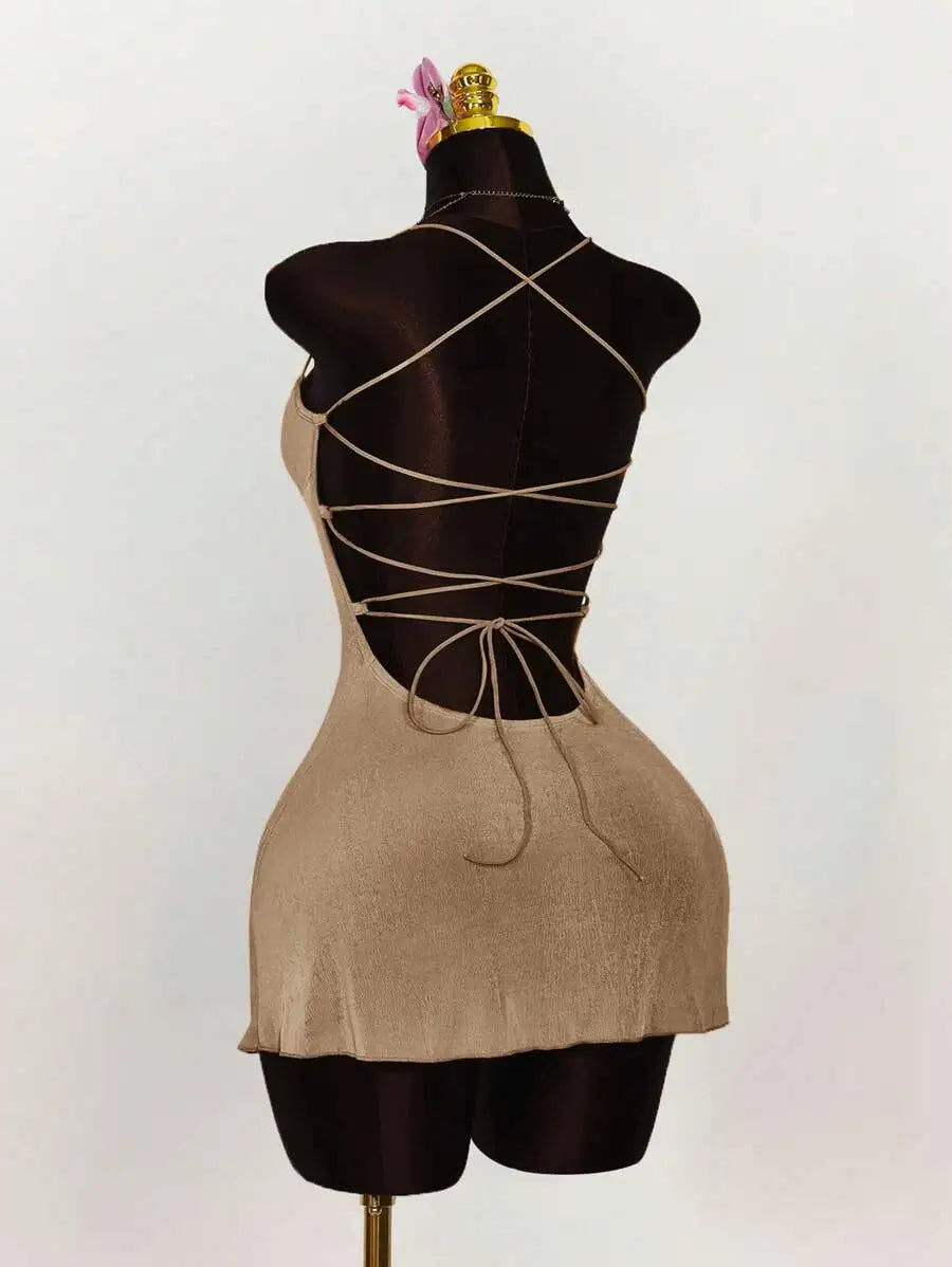 Lime Green Ruched Bust Cross Back Tie Strap Mini Dress