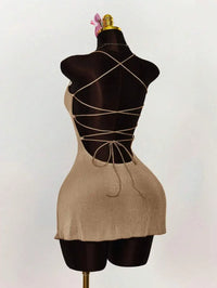 Lime Green Ruched Bust Cross Back Tie Strap Mini Dress