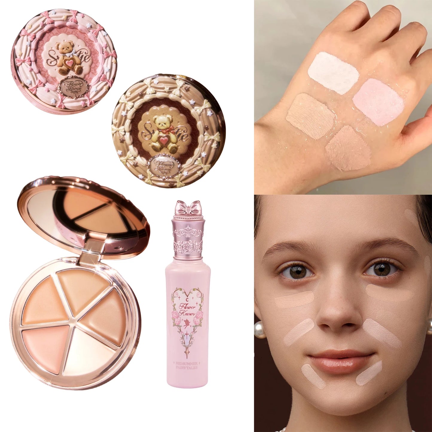 Flower Knows Sweetie Bear 4-Color Concealer Palette Long-Lasting Full Coverage Waterproof Creamy Texture Makeup