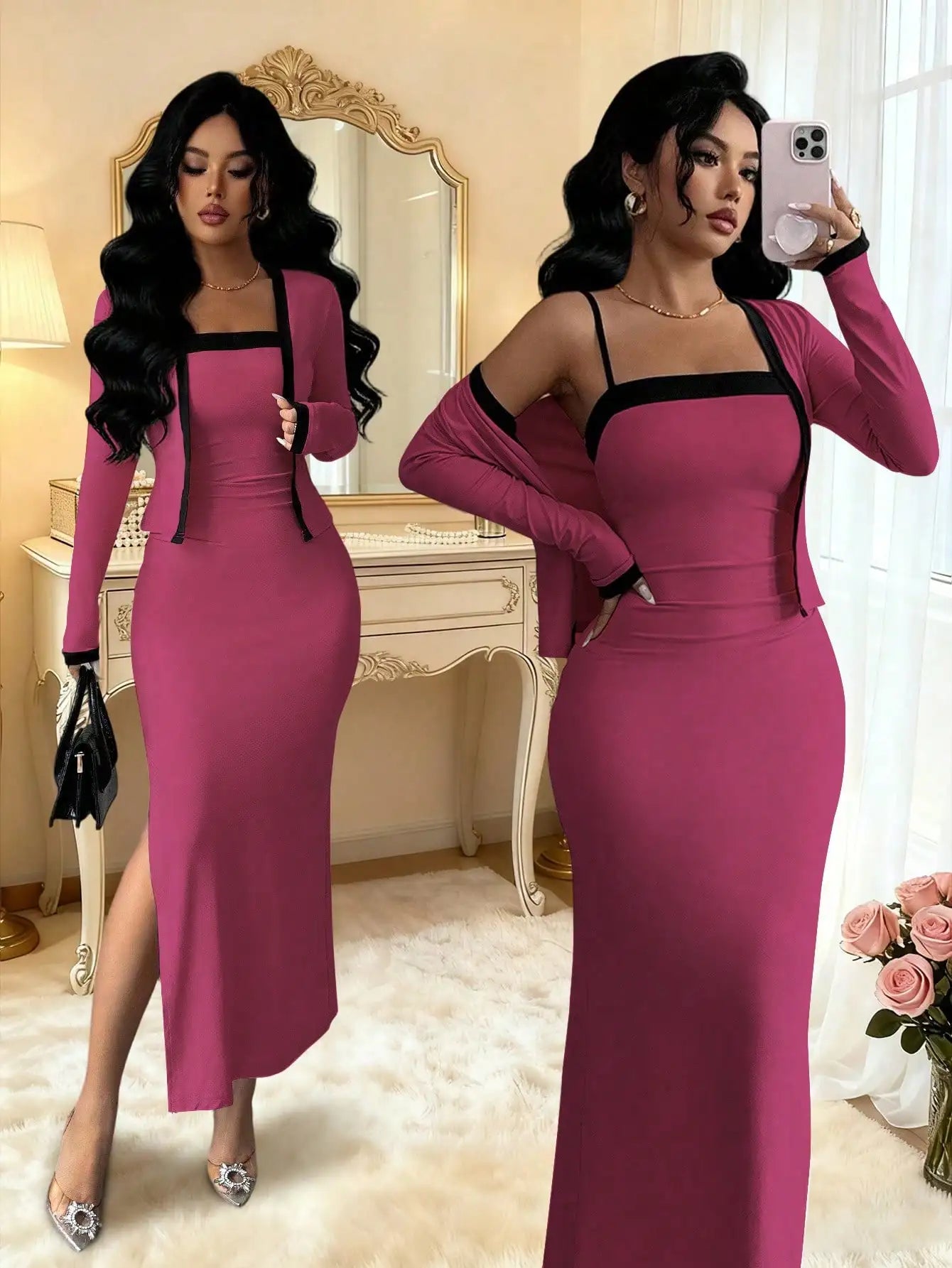 Elegant Pink 2 Piece Set Long Sleeve Cardigan And Slip Dress For Party Formal Evening