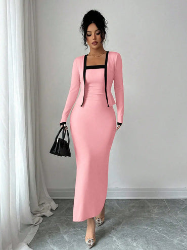 Elegant Pink 2 Piece Set Long Sleeve Cardigan And Slip Dress For Party Formal Evening