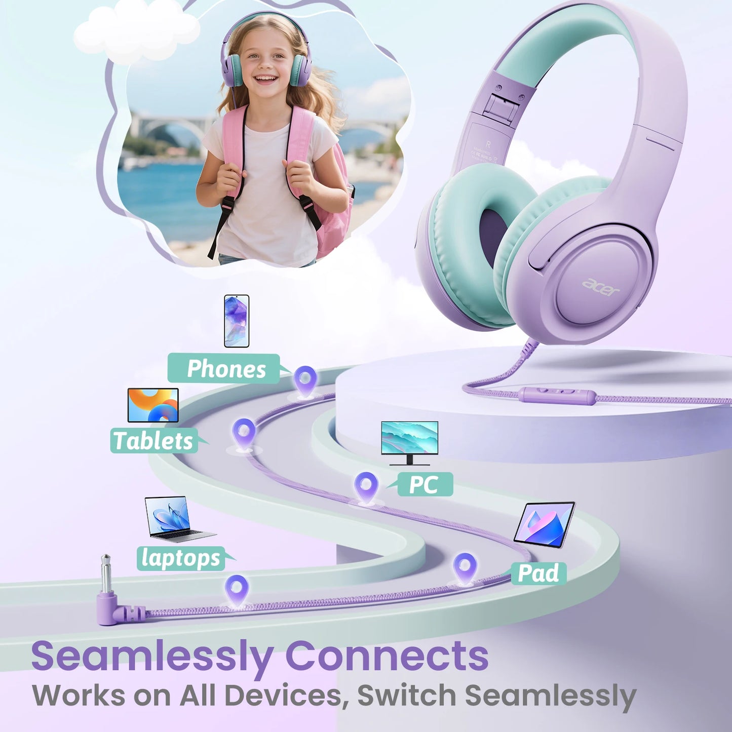 Acer Kids Headphones Wired for School 85/94dB Volume Limiter Foldable Stereo Sound Headset for Kids Learning Tablet IPad PC