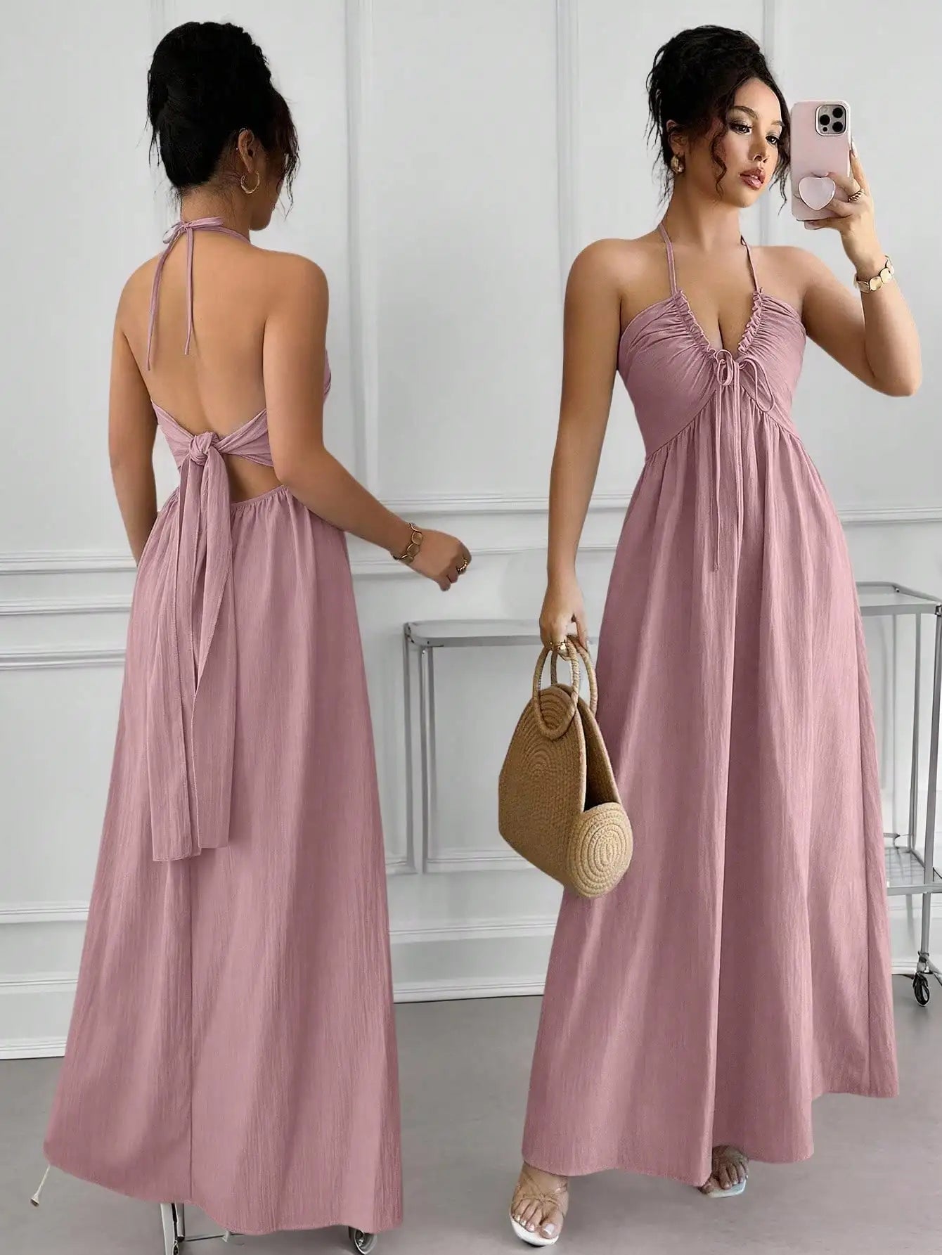Halter Lace Up Backless A-Line Maxi Dress