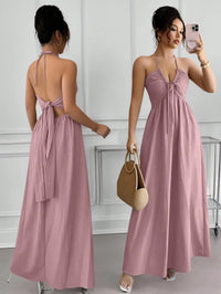 Halter Lace Up Backless A-Line Maxi Dress