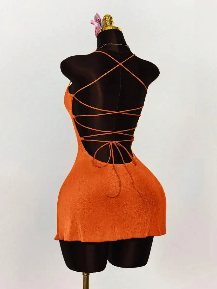 Lime Green Ruched Bust Cross Back Tie Strap Mini Dress