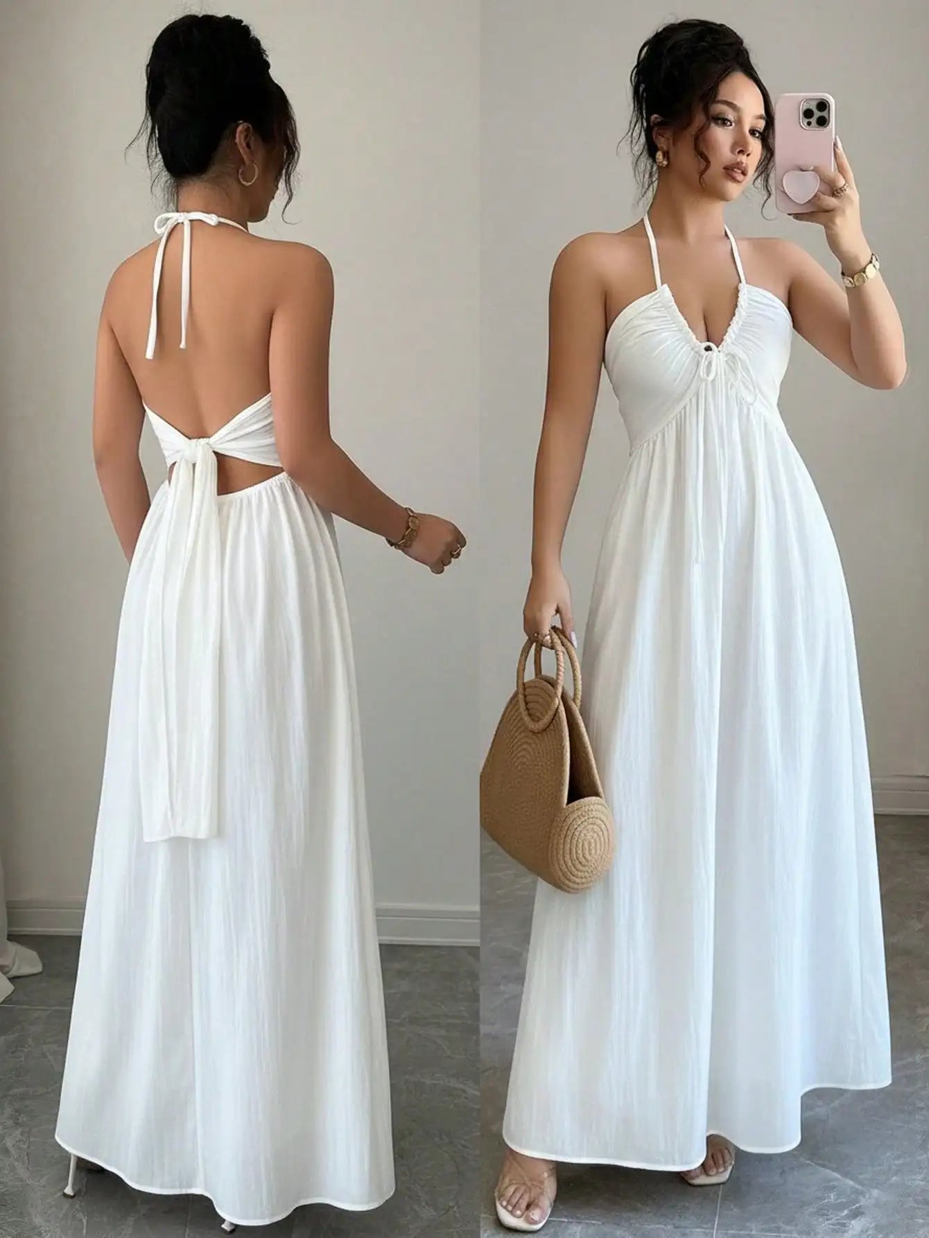 Halter Lace Up Backless A-Line Maxi Dress