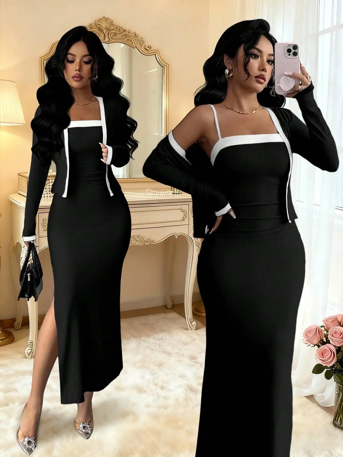 Elegant Pink 2 Piece Set Long Sleeve Cardigan And Slip Dress For Party Formal Evening
